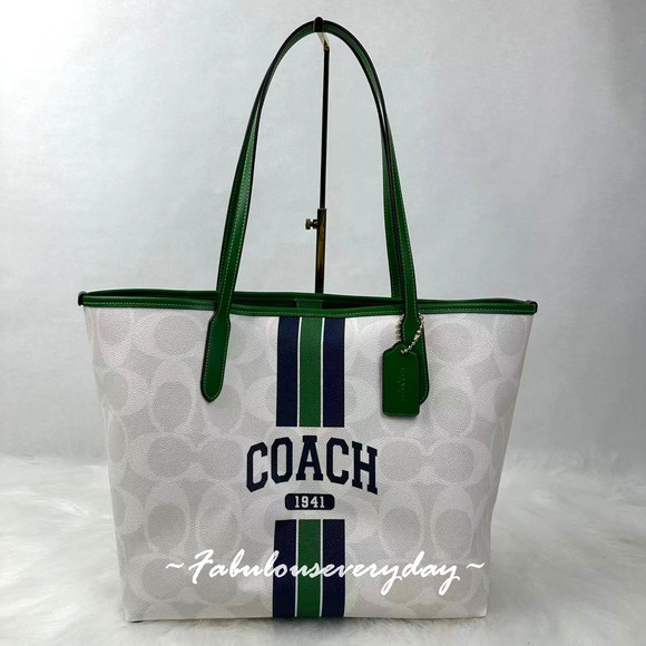 Coach City Tote Bag In Signature Canvas W/ Coach Graphic CBI79 Chalk/Kelly Multi - Picture 1 of 8